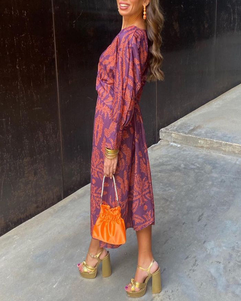 Annelise™ - Elegante jurk met vintage print, V-hals en lange Mouwen