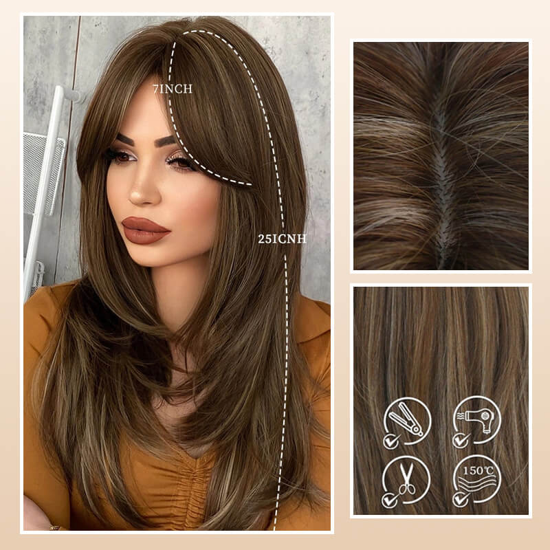 BangsBliss™ - Lange pruik met gelaagde pony voor een stijlvolle transformatie!